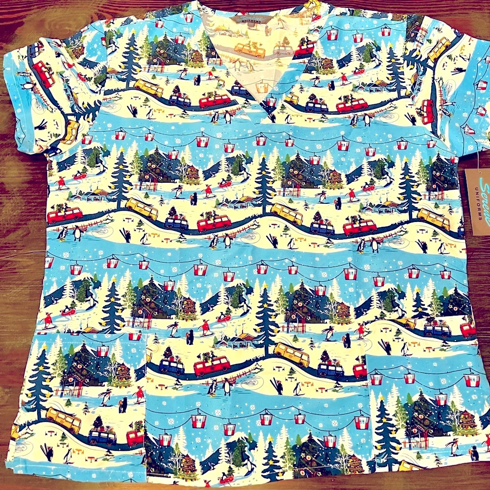 Serene Scrub Top with pockets 2xl- RUNS SMALL fits like XL Winter scene